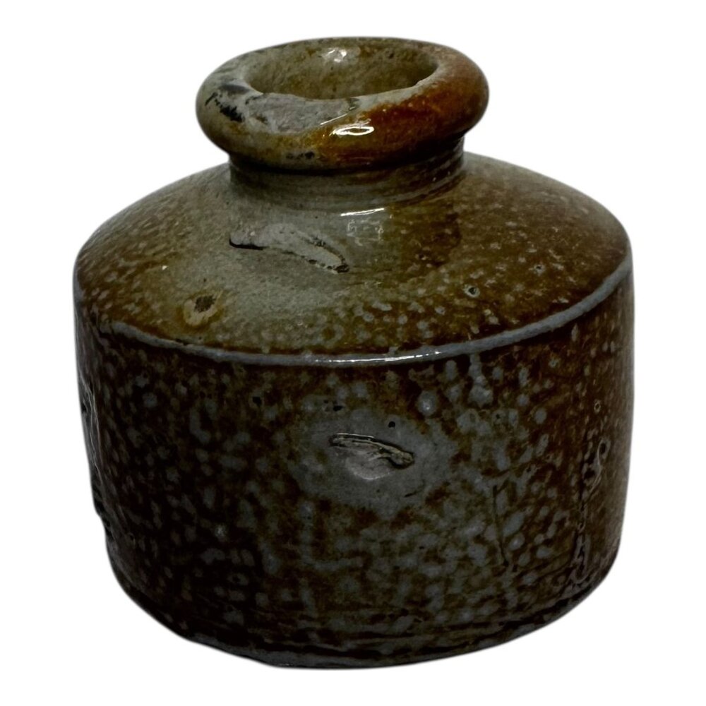 Antique 19th C Civil War Era Salt Glazed Stoneware Penny Inkwell Primtive 1.5"